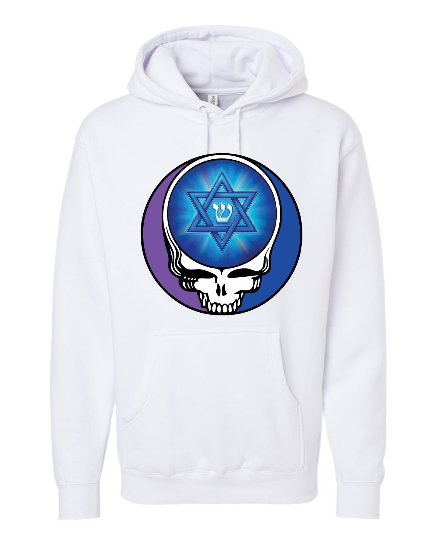 Dark Shin white hoodie with Hebrew letter Shin and Star of David supporting Kibbutz Be'eri