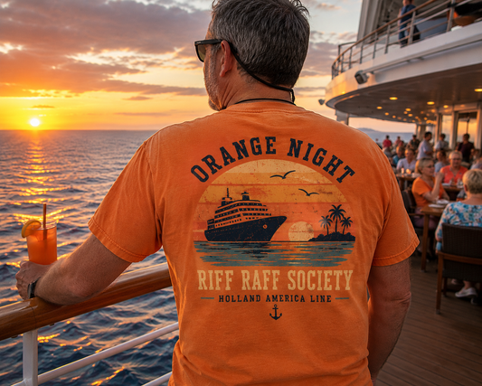 Orange Night and the Riff Raff Society — Holland America Club Riff Raff blog banner, vintage nautical screen print on burnt orange