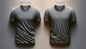 side-by-side comparison of two t-shirts representing the Bella + Canvas 3001 and the Gildan 5000.