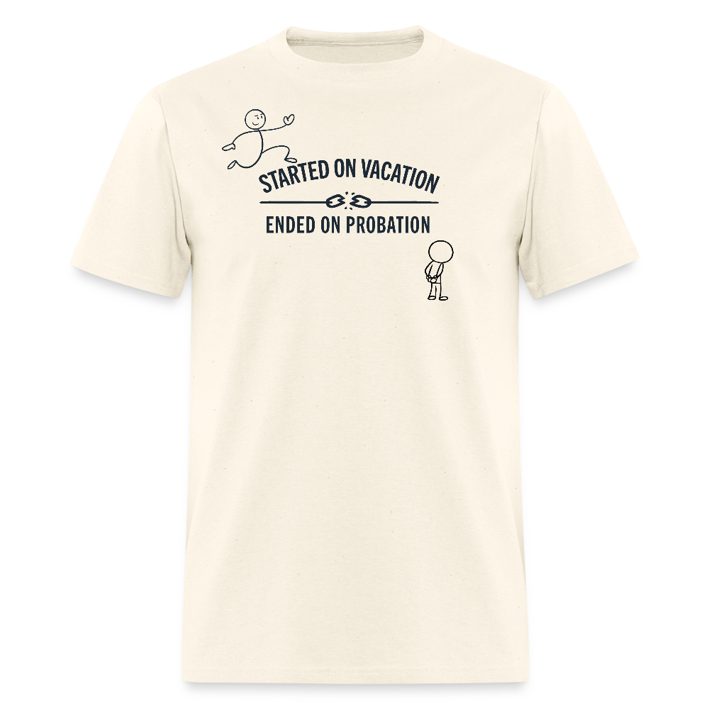 Men's cream heather graphic tee with 'Adventure Started on Vacation' text - perfect travel shirt for beach trips, cruises and vacation