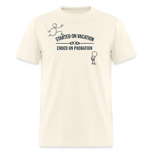 Men's cream heather graphic tee with 'Adventure Started on Vacation' text - perfect travel shirt for beach trips, cruises and vacation