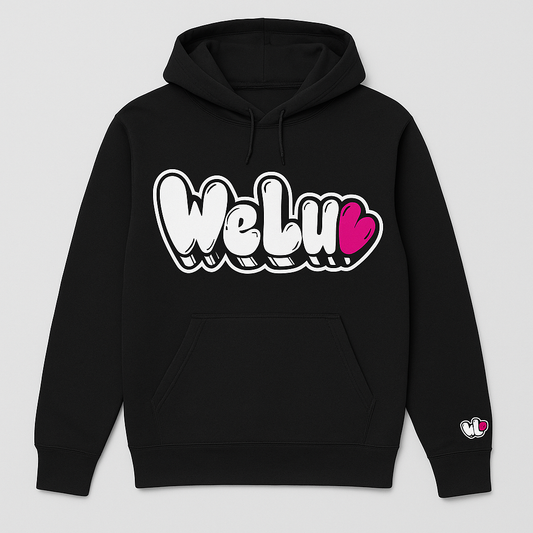 Front view of black WeLuv graphic tee with bold bubble-letter logo