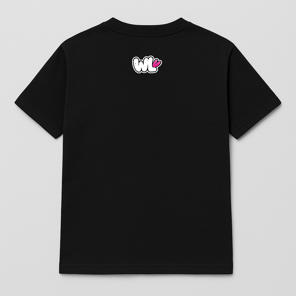 Back view of black WeLuv tee with small WL logo below neck