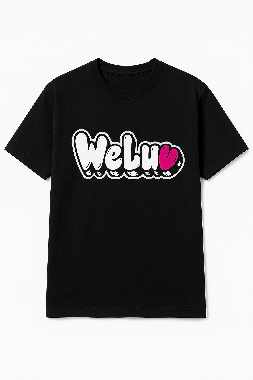 Front view of black WeLuv graphic tee with bold bubble-letter logo