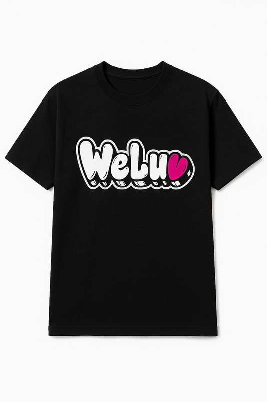 Front view of black WeLuv graphic tee with bold bubble-letter logo
