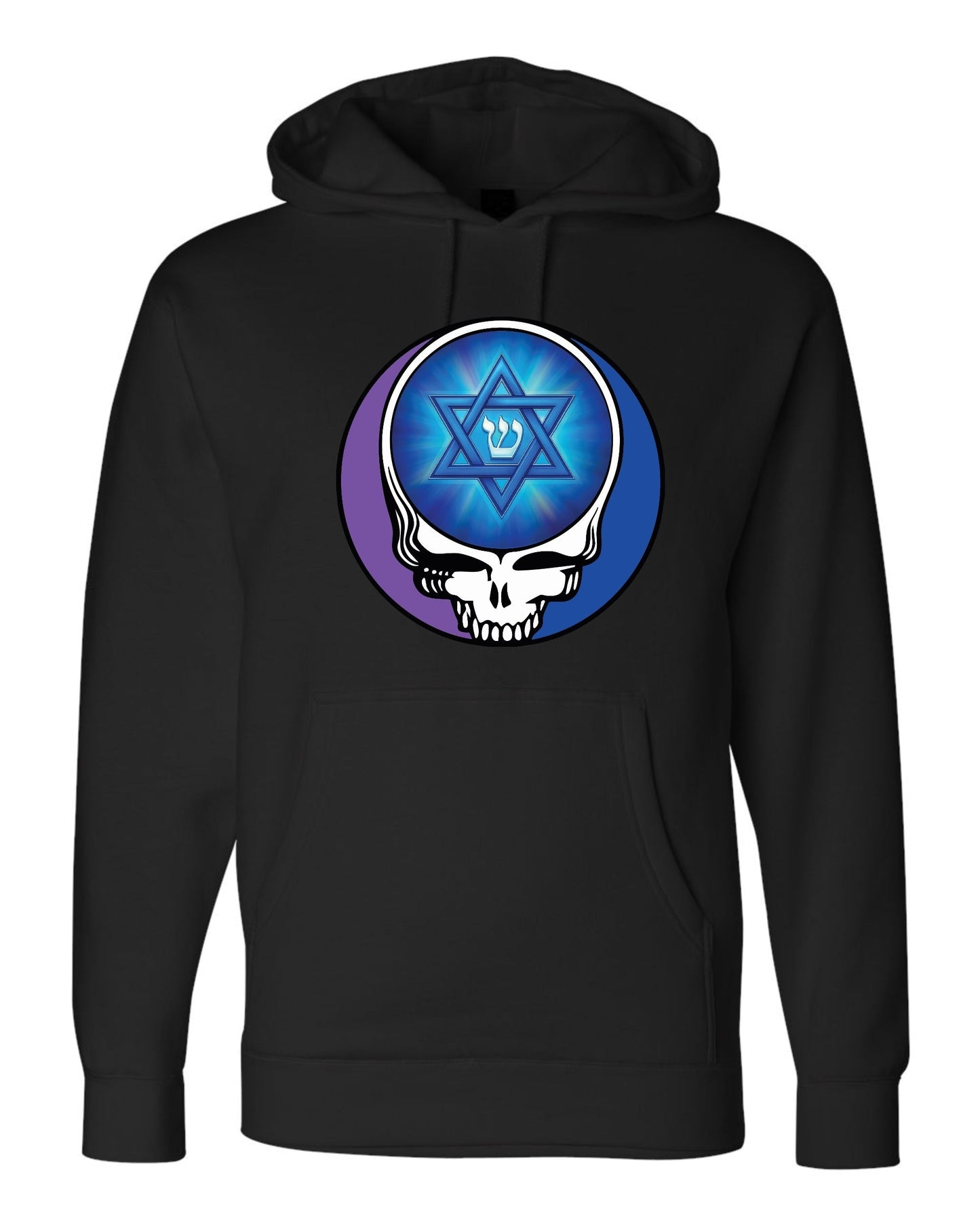 Dark Shin black hoodie with Hebrew letter Shin and Star of David supporting Kibbutz Be'eri