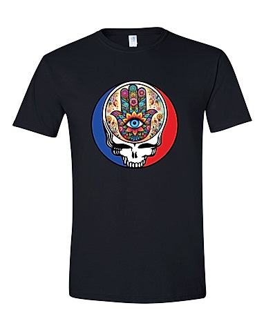 Steal Your Hamsa black t-shirt with protective Jewish symbol supporting Kibbutz Be'eri