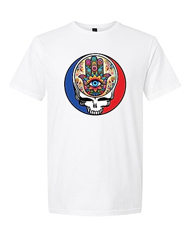 Steal Your Hamsa white t-shirt with protective Jewish symbol supporting Kibbutz Be'eri