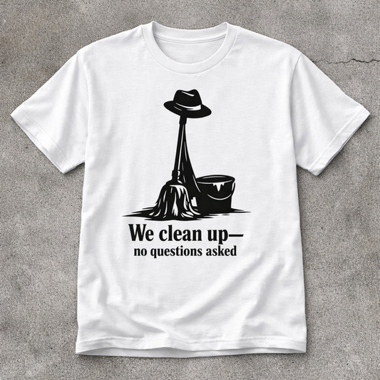 Minimalist noir mop and bucket illustration with fedora and text We Clean Up No Questions Asked