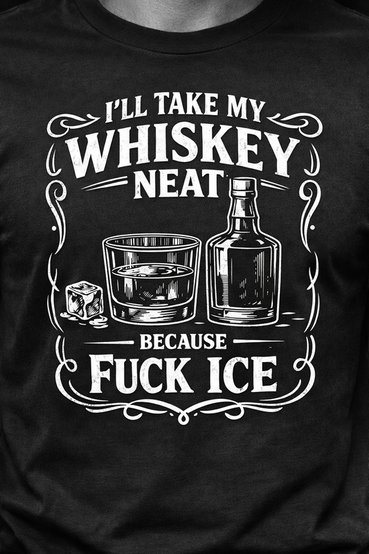 Vintage whiskey neat graphic tee with monochrome white ink bar illustration