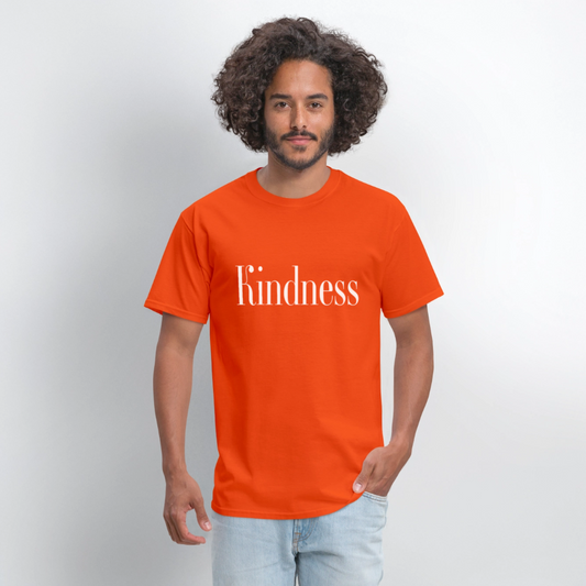 Model wearing orange Kindness T-Shirt with white text, 100% cotton unisex fit