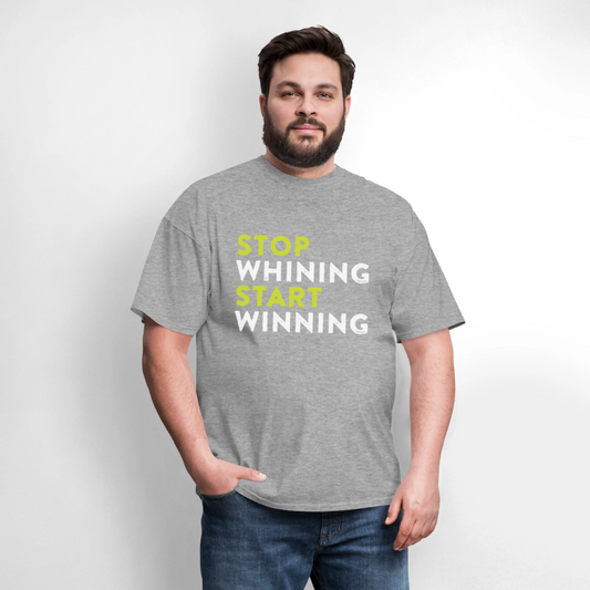 Model wearing dark gray "Stop Whining. Start Winning." cotton t-shirt