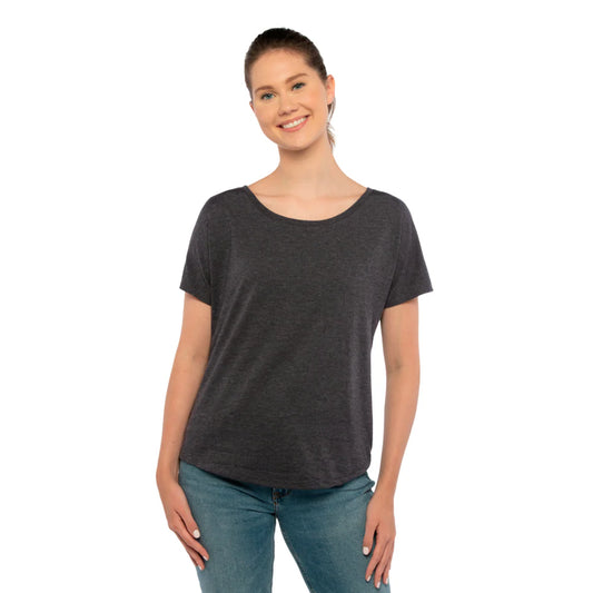 Women's soft triblend dolman t-shirt in vintage black with scoop neckline