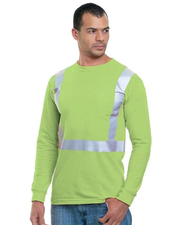 Bayside Made in USA Hi-Vis 100% Cotton Long Sleeve Pocket Crew Solid Striping - 3781 - Breaking Free Industries