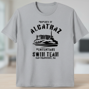 Property of Alcatraz Penitentiary Swim Team graphic on heather gray t-shirt