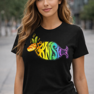 Knish Fish rainbow graphic deli humor t-shirt on black tee