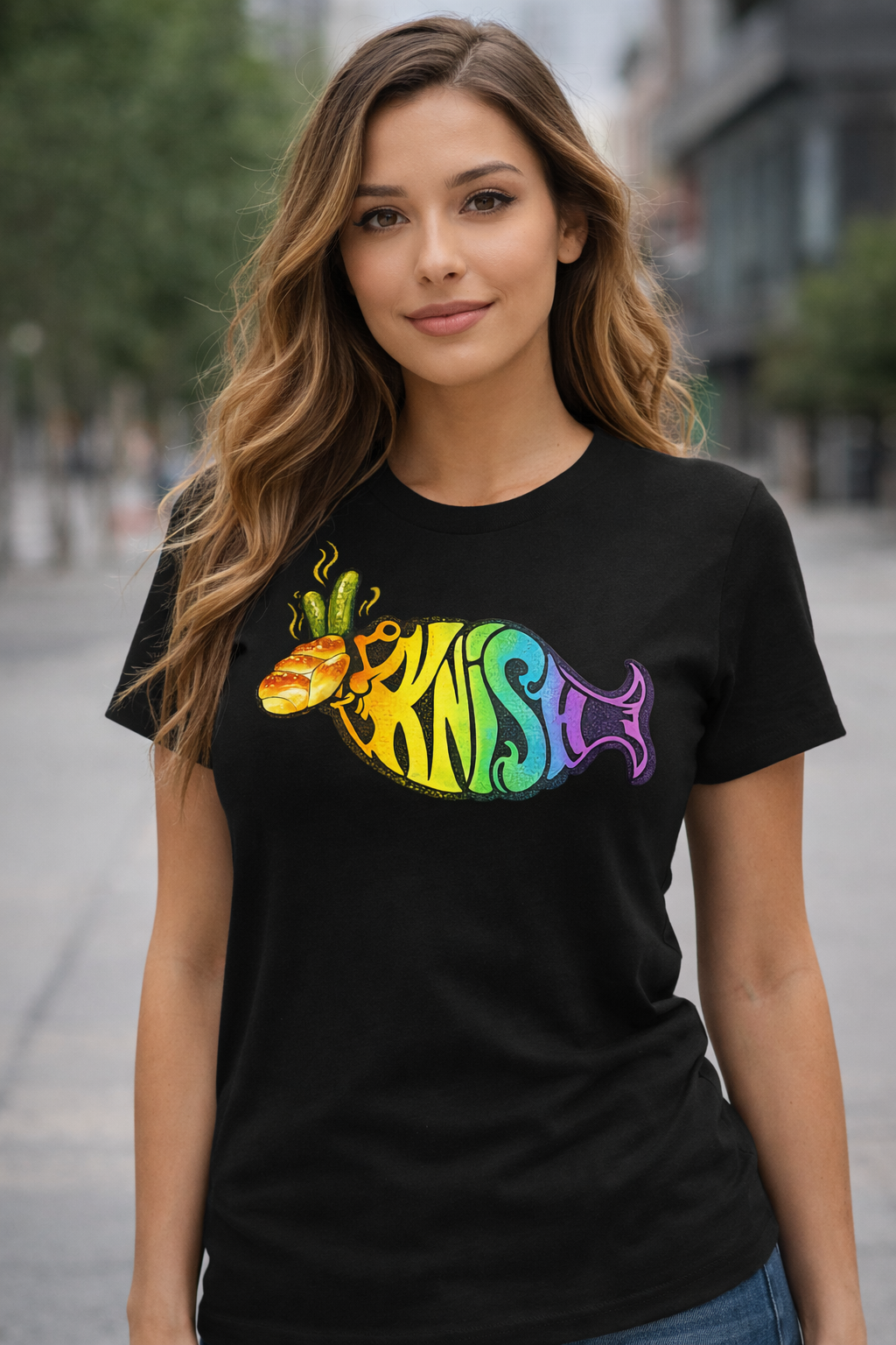 Knish Fish rainbow graphic deli humor t-shirt on black tee