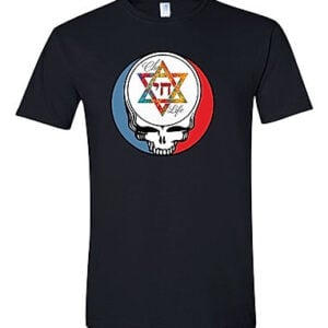 Chai Life black t-shirt with Hebrew Chai symbol and Star of David supporting Kibbutz Be'eri