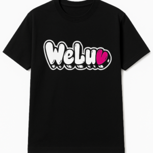Front view of black WeLuv graphic tee with bold bubble-letter logo