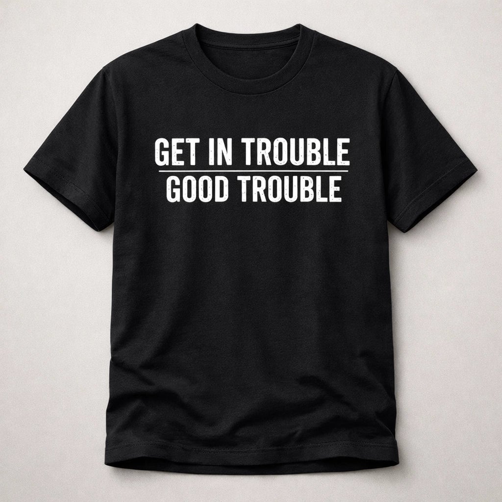 Get In Trouble Good Trouble inspirational typographic graphic t-shirt on black tee
