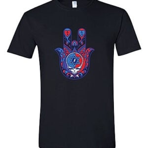 Jerry Hamsa black t-shirt with Hamsa hand and Star of David supporting Kibbutz Be'eri