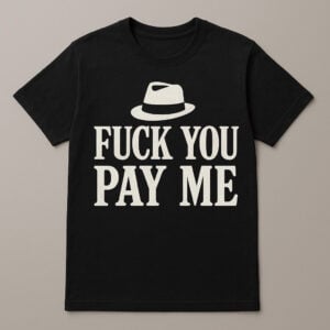 Black graphic t-shirt with bold pay me typography and vintage hat icon design