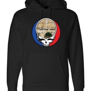 Promised Land black hoodie with Western Wall Jerusalem design supporting Kibbutz Be'eri