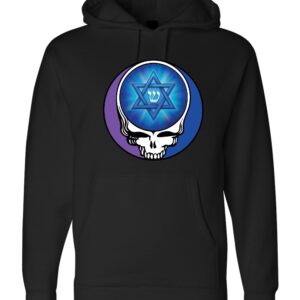 Dark Shin black hoodie with Hebrew letter Shin and Star of David supporting Kibbutz Be'eri