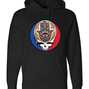 Steal Your Hamsa black hoodie with protective Jewish symbol supporting Kibbutz Be'eri