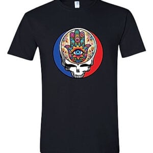 Steal Your Hamsa black t-shirt with protective Jewish symbol supporting Kibbutz Be'eri