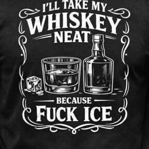 Vintage whiskey neat graphic tee with monochrome white ink bar illustration