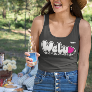 Front view of black WeLuv graphic tee with bold bubble-letter logo