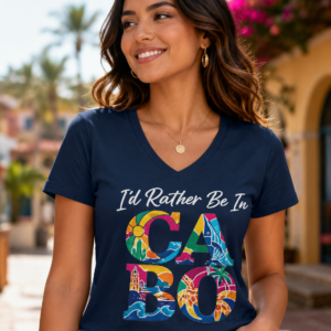 womens cabo shirt navy v-neck t-shirt with colorful I'd Rather Be In CABO vacation graphic
