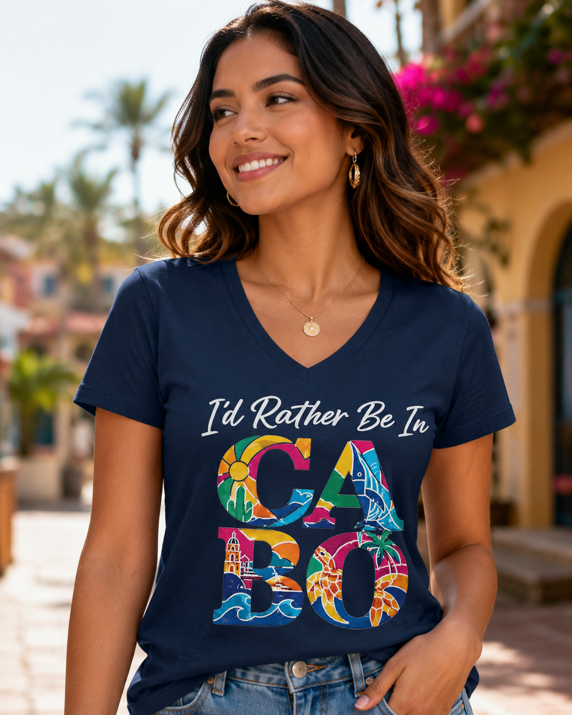 Women’s “I’d Rather Be In CABO” Navy V-Neck T-Shirt