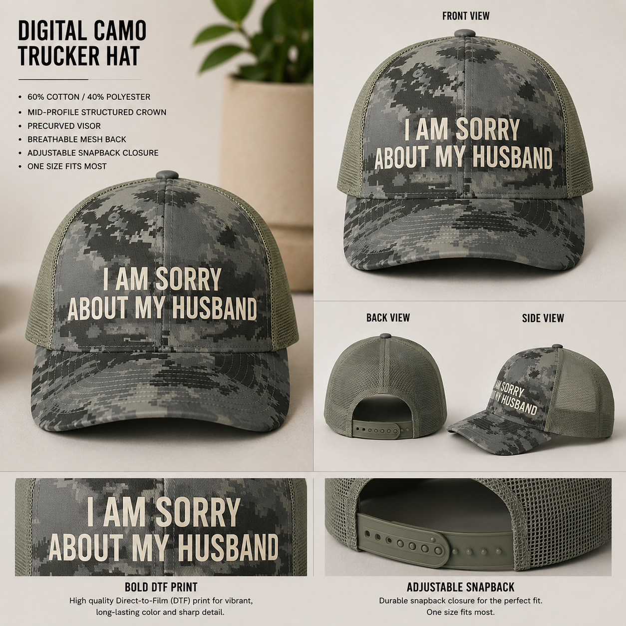 Comp image for I Am Sorry About My Husband Digital Camo Trucker Hat