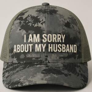 I Am Sorry About camo trucker hat - front view