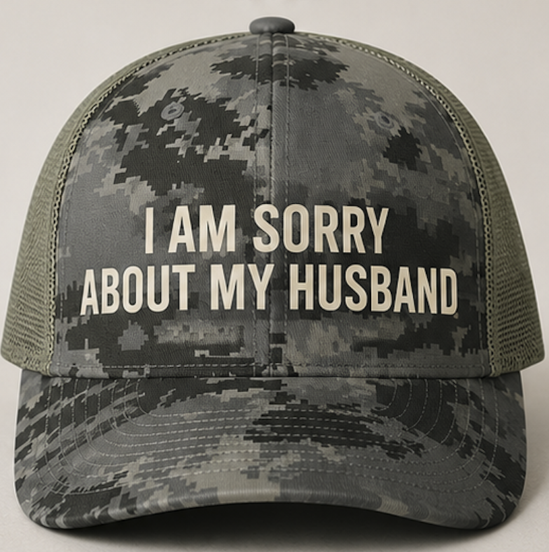 I Am Sorry About camo trucker hat - front view