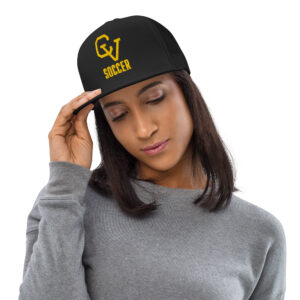 Black trucker hat with gold embroidered CV Soccer logo, front