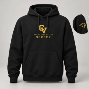 Black Capistrano Valley Soccer hoodie with gold CV logo on chest and Cougar head on left sleeve