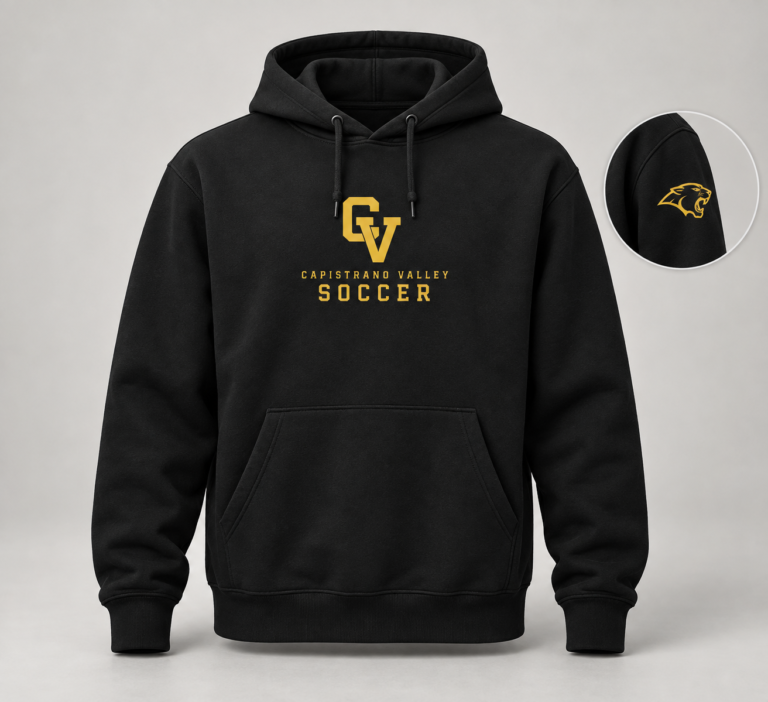 Black Capistrano Valley Soccer hoodie with gold CV logo on chest and Cougar head on left sleeve