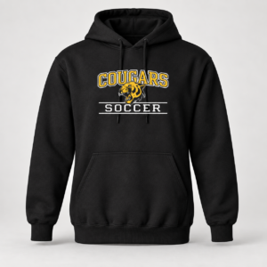 Black Cougars Soccer hoodie with gold varsity COUGARS arch, Cougar mascot and SOCCER bar (detail)