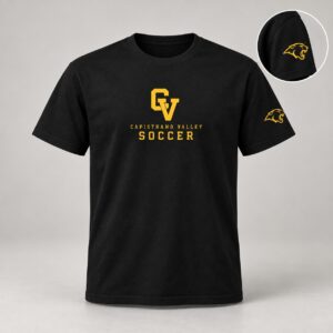 Black Capistrano Valley Soccer t-shirt with gold CV logo on the chest and Cougar head on the left sleeve