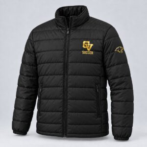 Black lightweight puffer jacket with gold CV Soccer left chest logo and Cougar on the sleeve