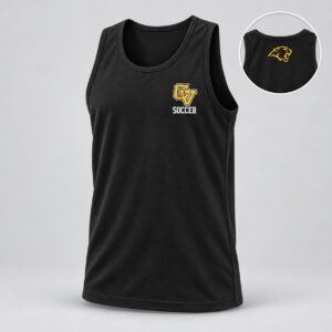 Black Capistrano Valley soccer tank with gold CV Soccer left chest logo and Cougar head on the back