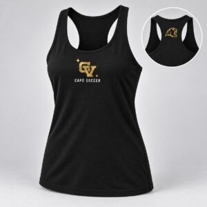 Women's black Capo Soccer racerback tank with metallic gold CV logo and Cougar on the back