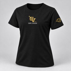 Women's black Capo Soccer tee with metallic gold CV logo and Cougar sleeve print