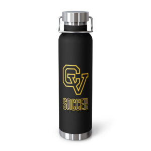 Black Capistrano Valley Soccer 22oz water bottle with gold CV Soccer logo