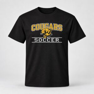 Black Cougars Soccer t-shirt with gold varsity COUGARS arch, Cougar mascot head and SOCCER bar