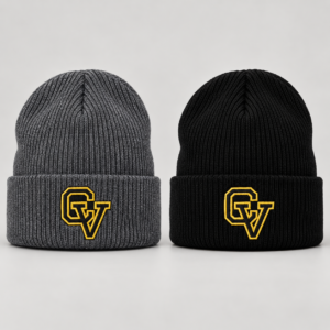 Black and heather charcoal CV Soccer embroidered cuff beanies