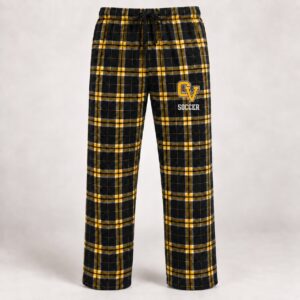 Black and gold plaid CV Soccer flannel pants with CV logo on the thigh
